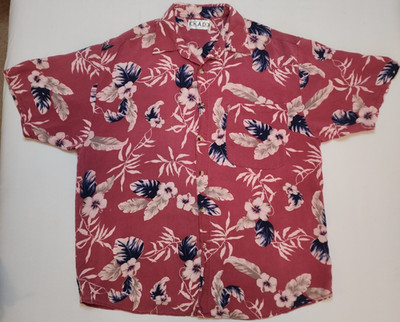 Vintage K.A.D Clothing Mens L Hawaiian Camp Shirt Red Button Up Hibiscus Flowers
