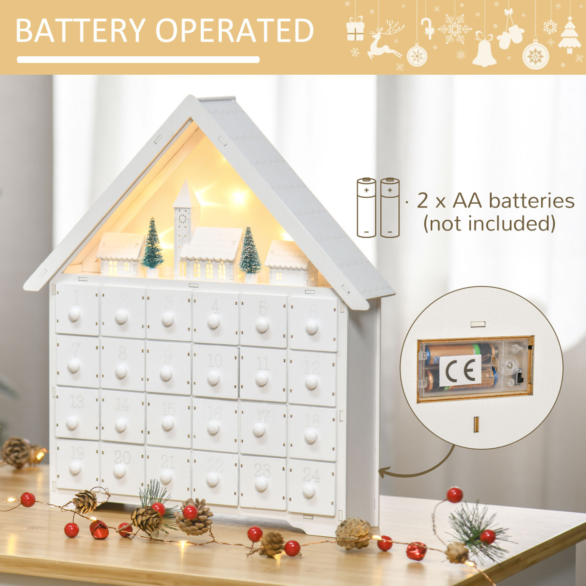 24-Drawer Christmas Advent Calendar Wooden Light-Up Countdown White image 8