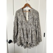 Windsor Leopard Print Plunge Neck Peplum Mini Dress Womens L Long Sleeve
