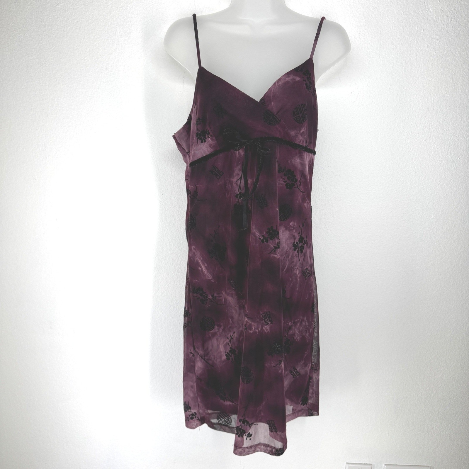Vintage 90s Purple Tie Dye Floral Mesh Babydoll Slip Dress Large Y2K Club Rave