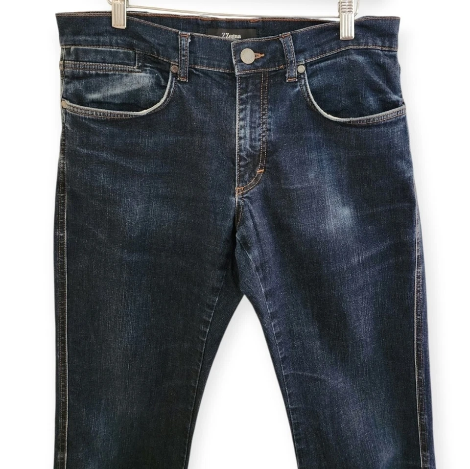 Z Zegna Men Distressed Slim Fit Stretch Indigo Luxury Designer Preppy Jeans Mens - Image 3 of 4
