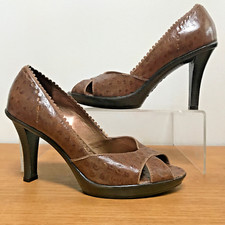 Nina Brown Textured Leather Classic Open-Toe Cross 8M Stilettos Pumps Heel 3.5"