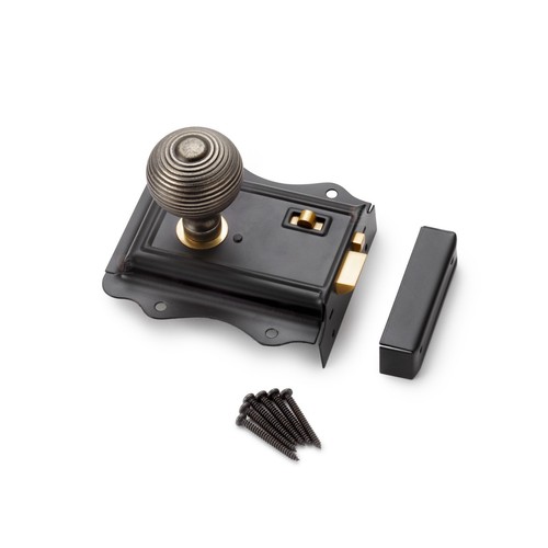 Black Brass Olde Victorian Rim Lock Latch - Choose Your Knobs Pair To Suit - Picture 16 of 170