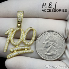 MEN 925 STERLING SILVER ICY BLING CZ GOLD PLATED 100 EMOJI LOGO PENDANT AGP176