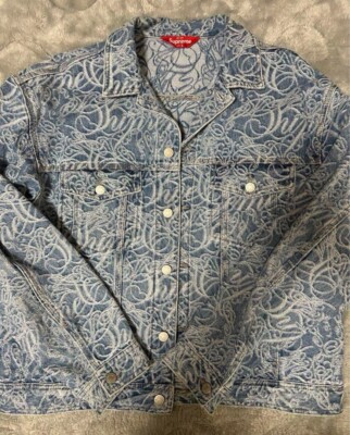 SUPREME 22AW Script Jacquard Denim Trucker Jacket Mens Washed Blue