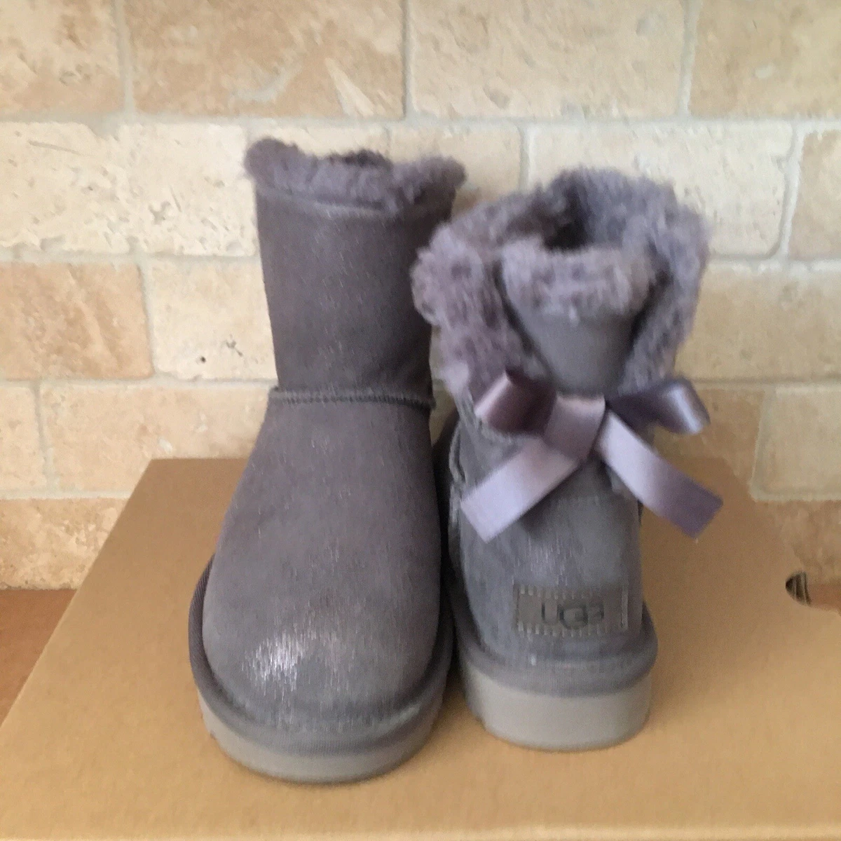 UGG MINI BAILEY BOW II SHIMMER NIGHTFALL SUEDE ANKLE BOOTS SIZE US