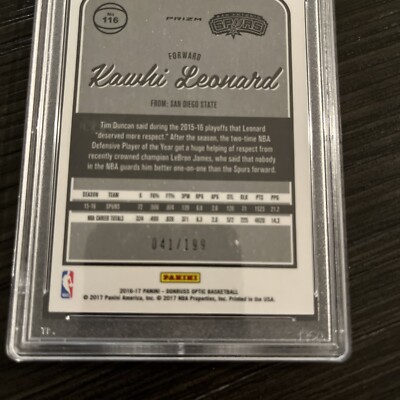 2016 Panini Donruss Optic Kawhi Leonard Orange /199 #116 PSA 10