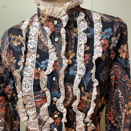 Vintage 1970's 70s Denise L Paisley Lace Prairie Hippie Cotton Maxi Dress 11/12 - Picture 3 of 10