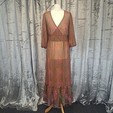 Grazia Summer Midi Beach Dress UK 14 Brown Floral Sheer 3/4 Sleeve Tiered