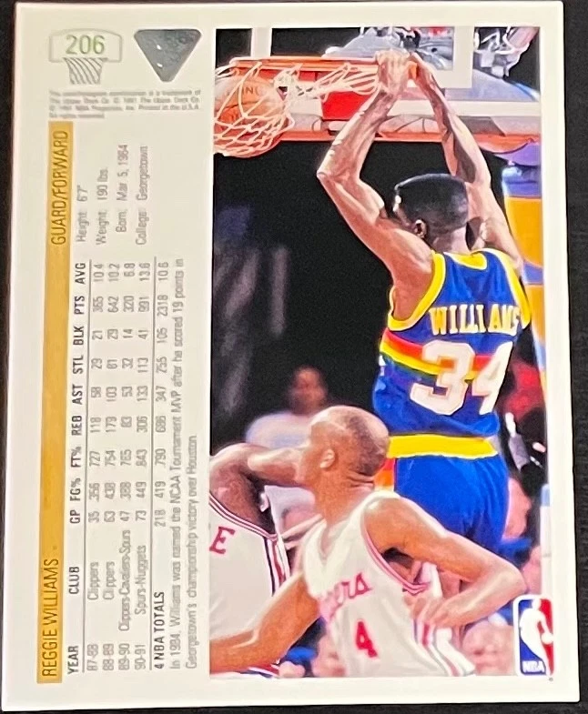 1991-92 Upper Deck #206 Reggie Williams Denver Nuggets Autographed Card - Image 2 of 2