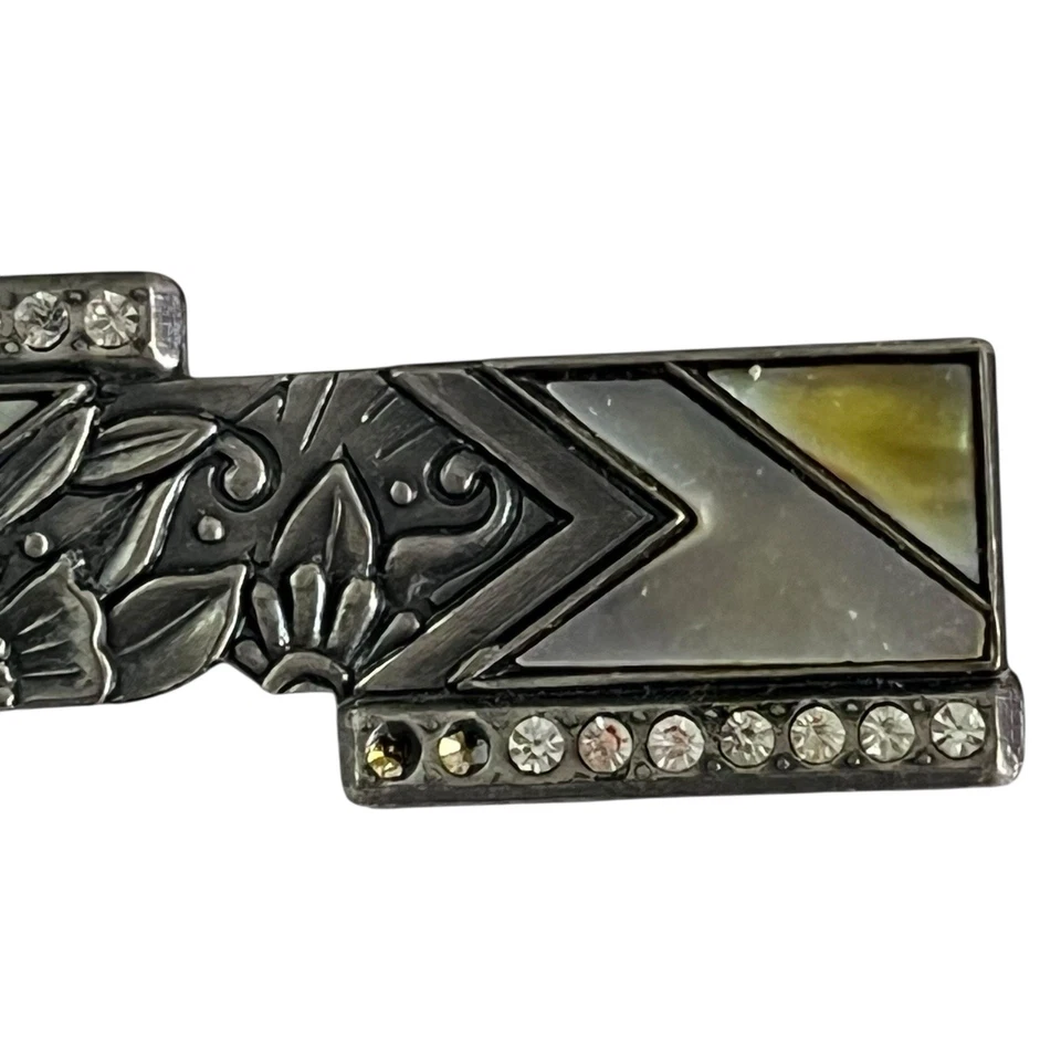 Vintage Nuri Pewter Brooch Bar Pin Art Deco Revival Rhinestones Abalone Signed - Image 4 of 4