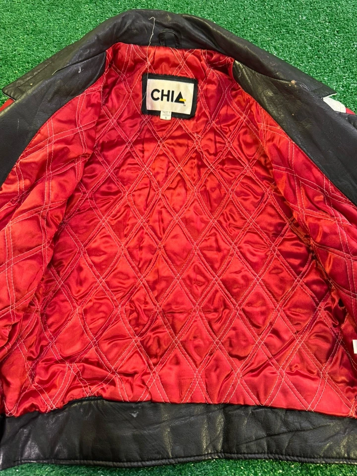 Винтажный Y2K CHIA из натуральной кожи куртка мотоциклиста красный белый черный гранж эмо размер S - Изображение 3 из 4
