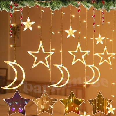 Ramadan Eid Mubarak LED Mond Stern Lichterkette Vorhang Fenster Party Deko