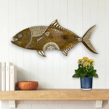 Fish Wood Sculpture Wall Mount Bohemian Beach Coastal Cottage Henna Design