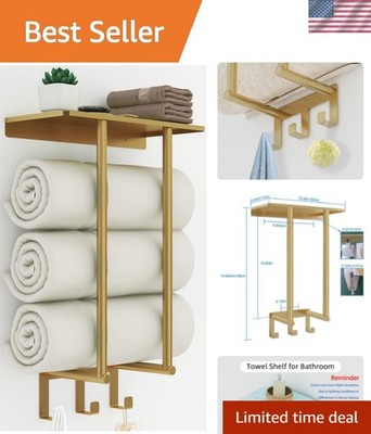 Towel Rack with Metal Shelf and 3 Hooks, Towel Racks for Bathroom Wall Mounte...