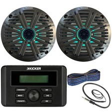 Kicker KMC3 Marine Receiver, 2x 6.5" 195W LED Charcoal Speakers, Wire, Antenna