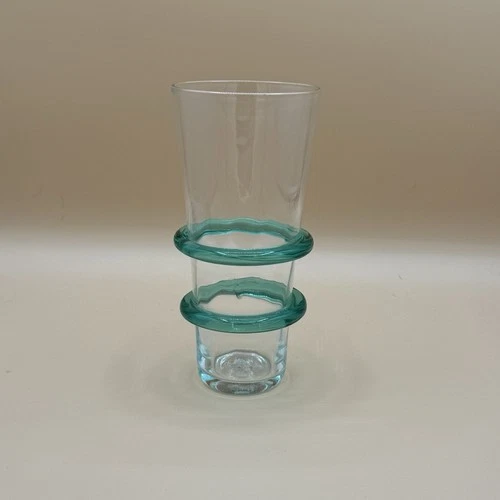Vintage Early Blenko 3749-G Double Ringed Highball Glass in Sea Green & Crystal