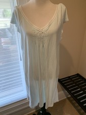 miss elaine nightgown large l gown blue stripes cotton blend knit flutter sleeve