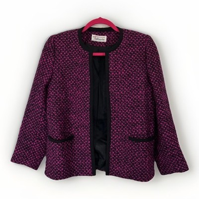 Vtg Talbots 100% Wool Tweed Jacket Magenta Pink Black Open Front ILGWU Old Money