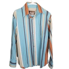 Roar Mens M Blue Orange Striped Long Sleeves Button Front Shirt Cotton Collared