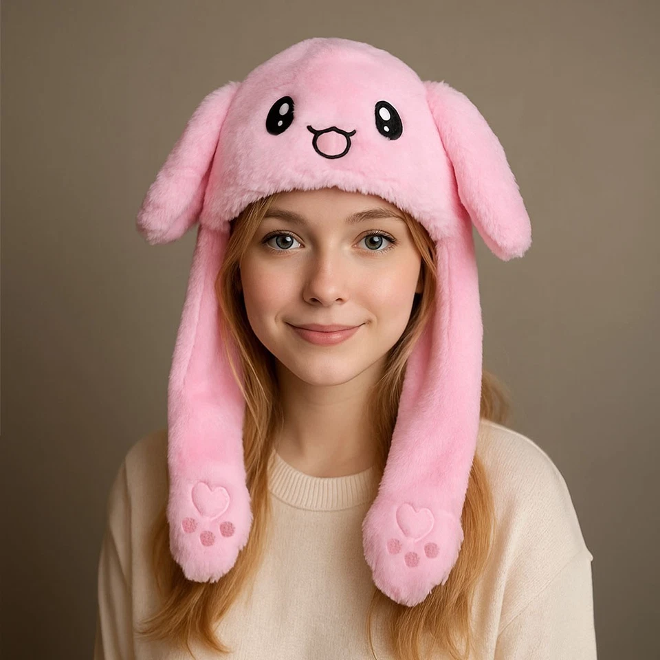 One Size Soft Plush Bunny Ear Flaps & Dangling Paws Winter Hat for Women Pink - Image 2 of 4