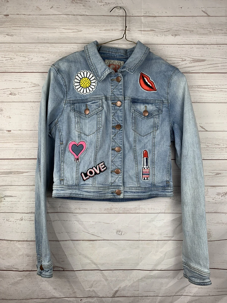 GB Girls Light Denim Jacket Size Large Lipstick Kiss heart patch cropped