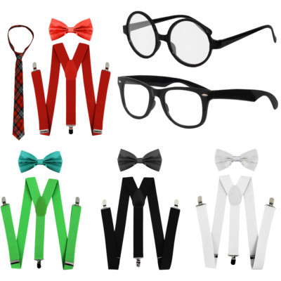GEEK NERD KOSTÜM SET KRAWATTE HOSENTRÄGER BRILLE SCHULZEIT KOSTÜM HERREN DAMEN PAKET