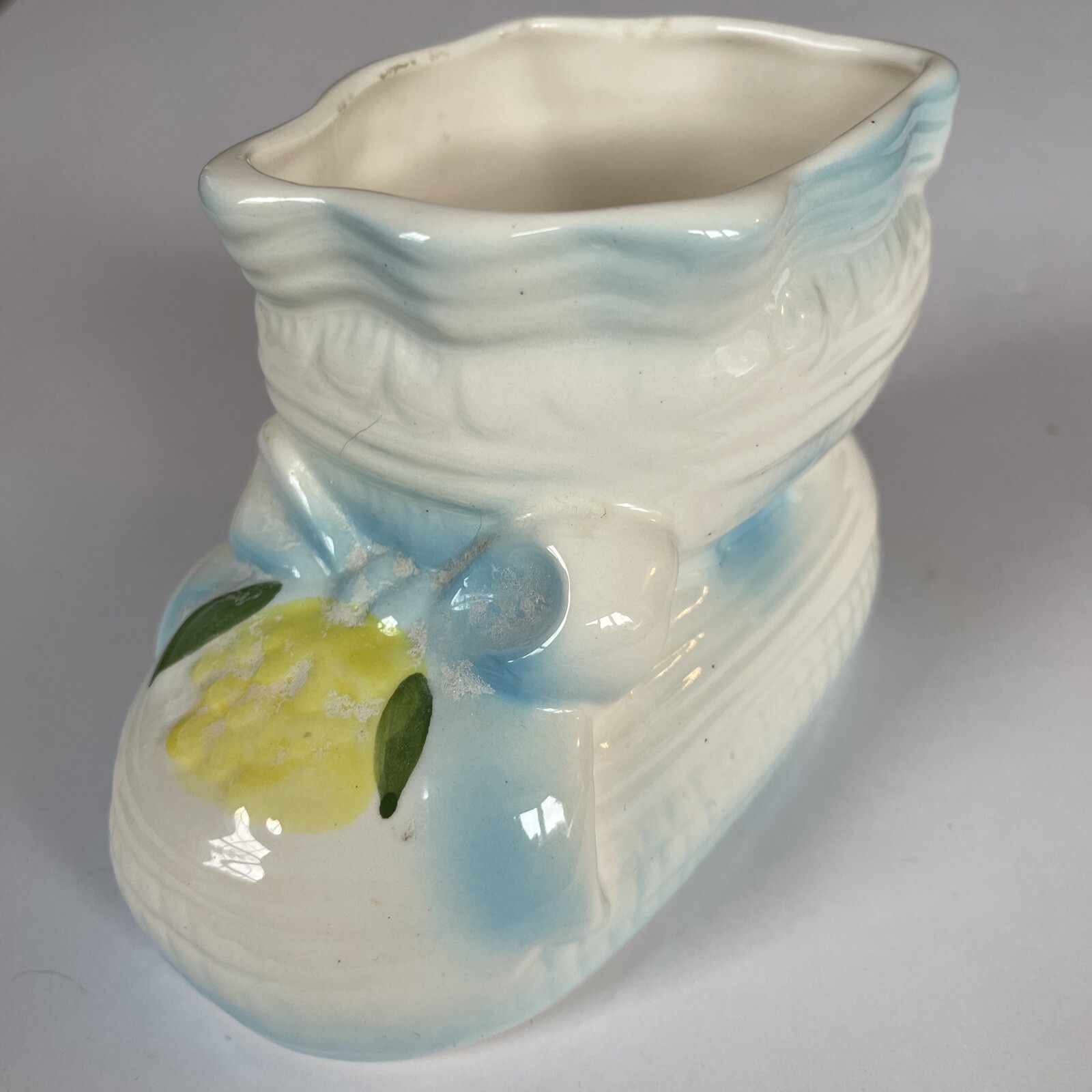 ceramic Blue Baby Boy Shoe flower vase planter bootie floral shower Centerpiece