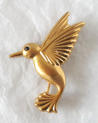Broche Vintage Colibri En Métal Doré - Bijou D'occasion, Ornement Floral