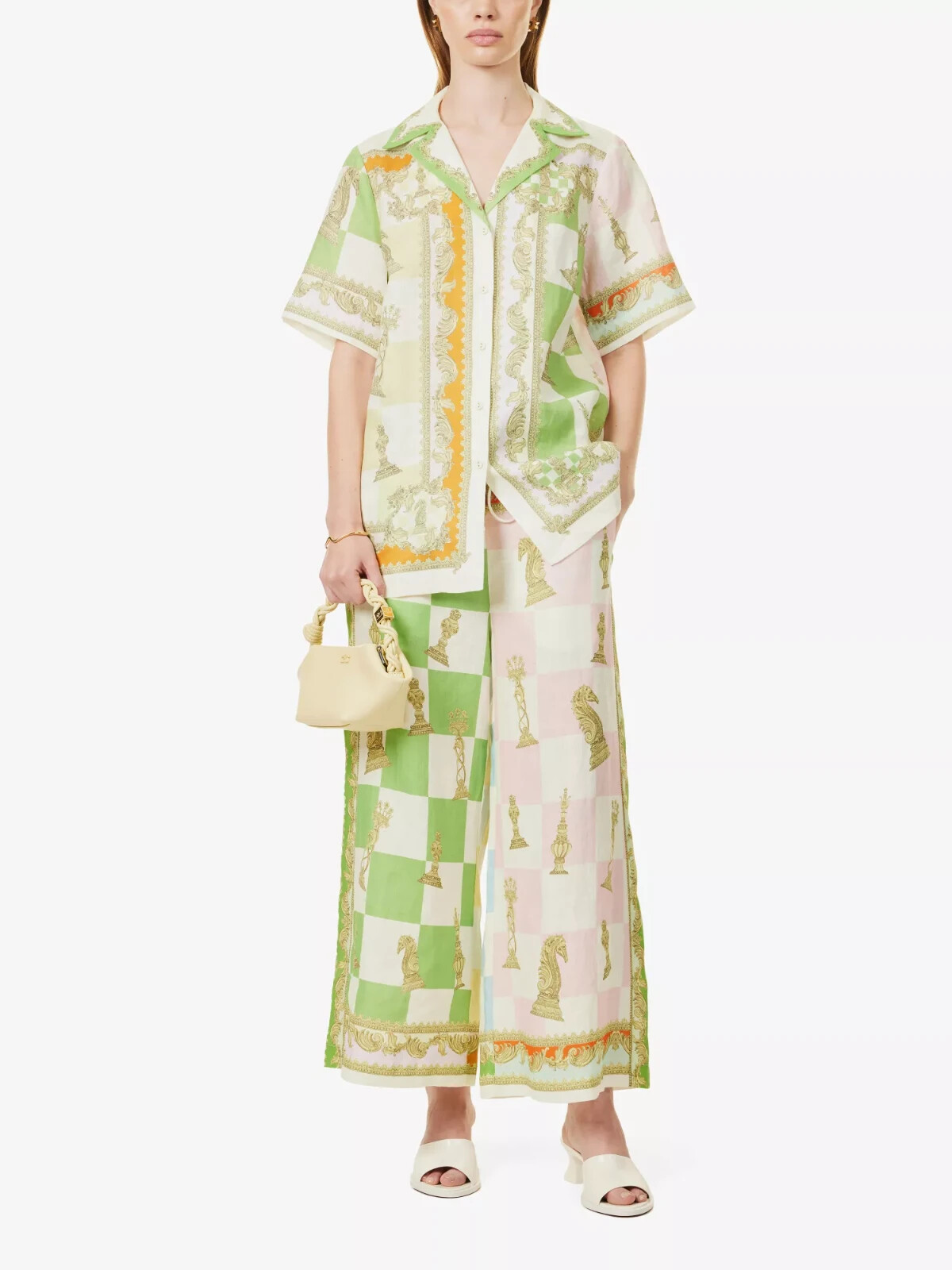 ALEMAIS Checkmate Colourful 100percent Linen Wide Leg Trousers Pants UK 6 US 2 XS BNWT image 4