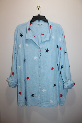 JOHN MARK HAPPY DAYS BUTTON-UP SHIRT 100% LINEN STARS CHAMBRAY BLUE MLTI SIZE 3X