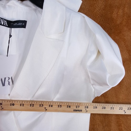 ZARA Jacket Womens Large White Double Breasted Long Linen Blend Longline Blazer - Picture 5 of 7