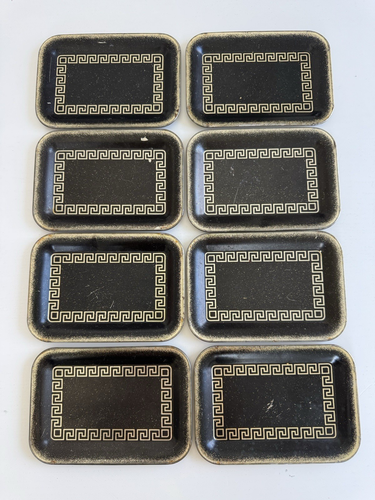 Vintage Tole Tabletts Metallspitze Sandwich Brücke Karte schwarz gold griechischer Schlüssel 8er Set