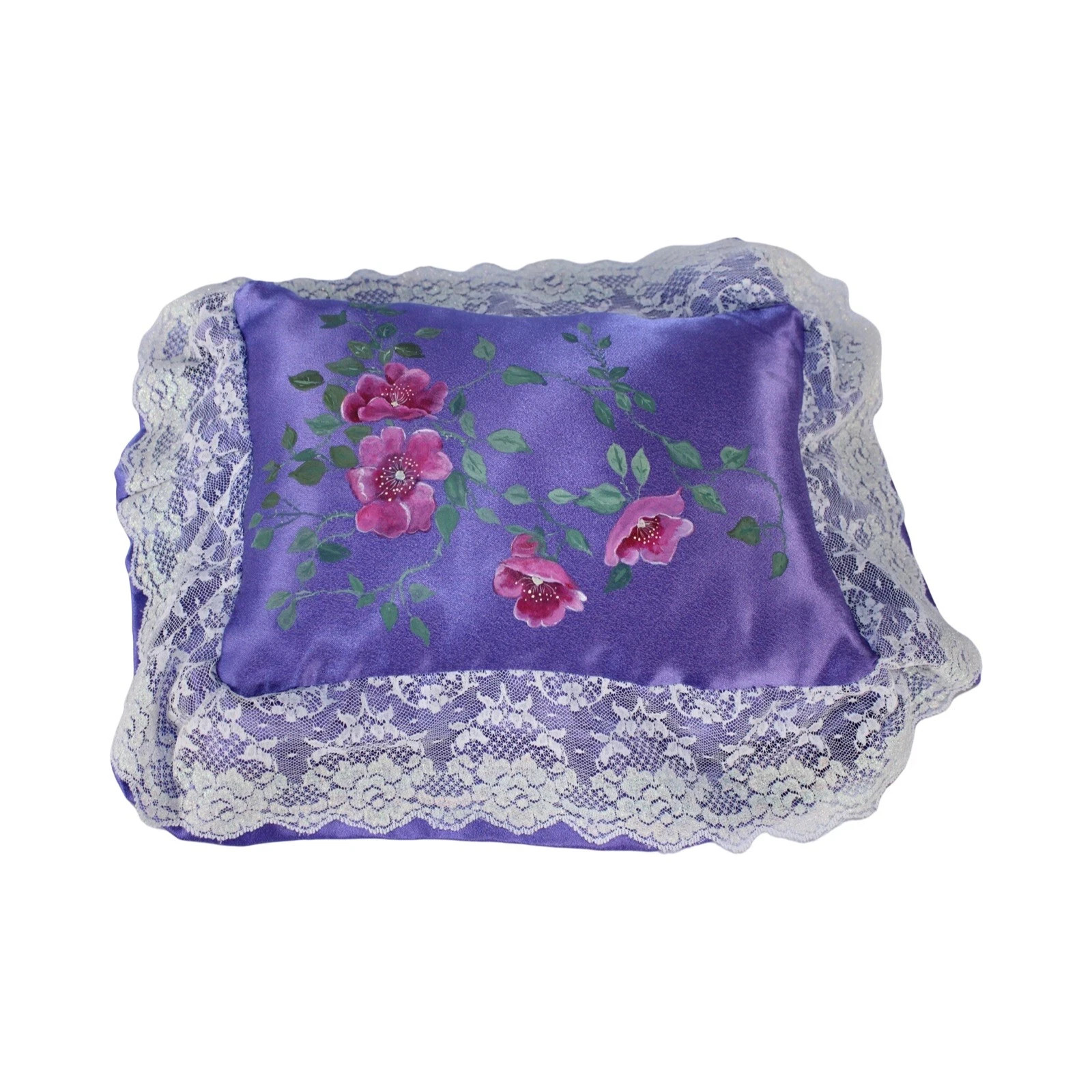 Elegant Silk Pink Purple Throw Pillow Boudoir Lace Vintage Handmade Hand Painted