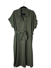 Torrid Midi Double Pucker Gauze Shirt Dress Size 00 M Olive Green Short Sleeve