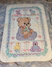 Vintage Baby Quilt Hand Embroidered Bear Bunny Sheep Duck Crib Cottage Nursery