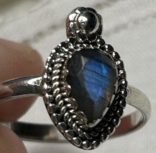 Sterling Silver 925 Labradorite Ring Blue Flash Faceted Pear Stone, Size 8.75