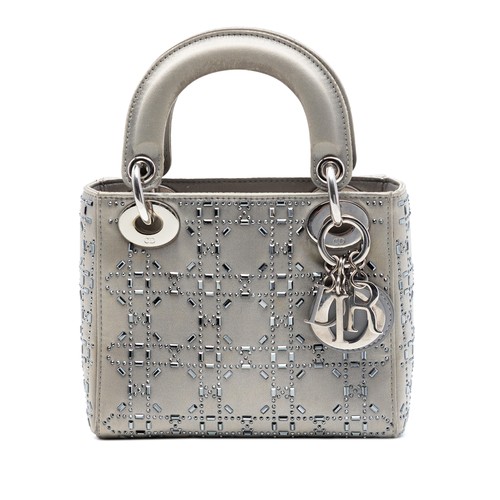 Dior Mini Satin Cannage Crystal Embellished Lady Pre-Loved Satchel Gray