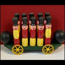 Vtg Antique Wooden Men Ten Pin Skittles Bowling Set 10 Men & Metal Wheeled Cart