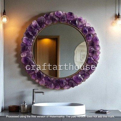 Round Amethyst Stone Energy Mirror with glass Vanity Wall Item for Bedroom Decor