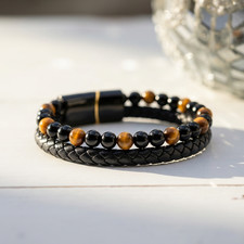 Genuine Black Obsidian & Tiger Eye Bracelet Men Double Layer Stone Jewelry Gift
