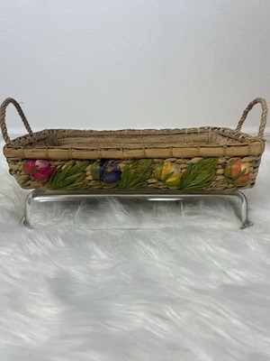 Vintage Pyrex Baking Dish & Woven Floral Casserole Travel/ Holder Basket Tray