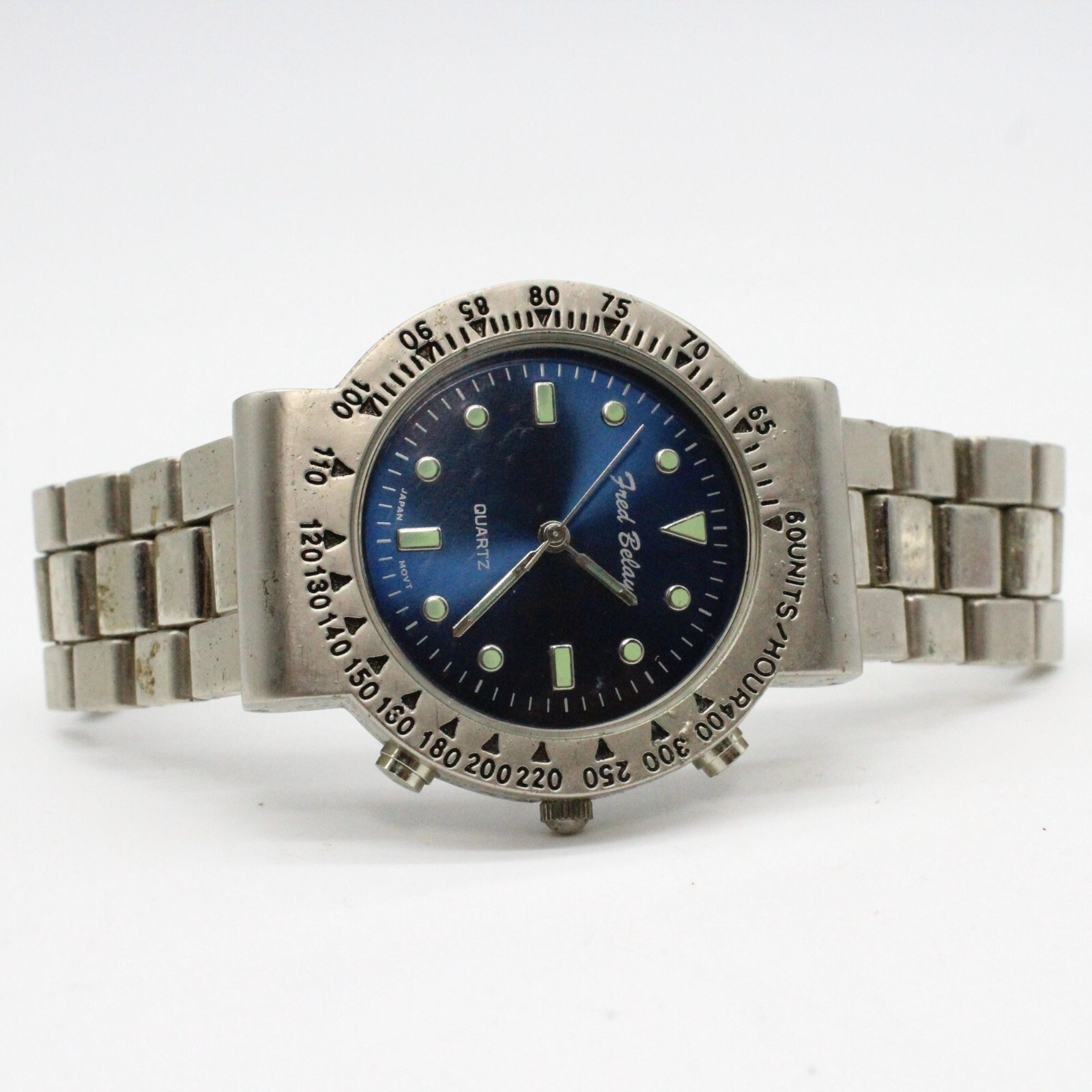 Vintage FRED BELAY Watch Men's Quartz Stainless Steel Silver Tone Navy