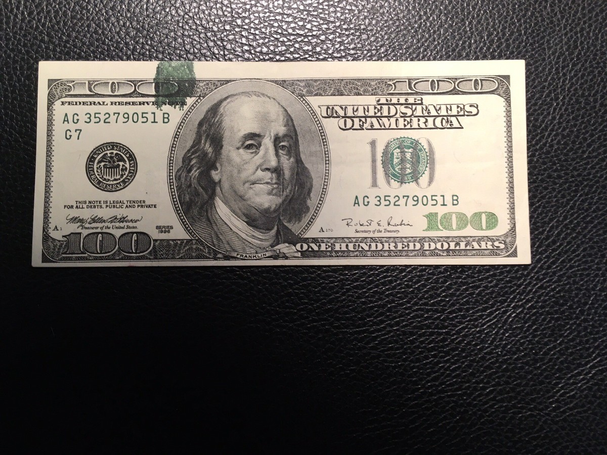 100.00 1996 Error Currency Ink Smear And Off Center Ink Mark