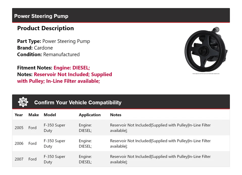 Bomba de dirección asistida diésel Cardone 2006 para Ford F-350 Super Duty 2005-2007 Foto 2 de 4