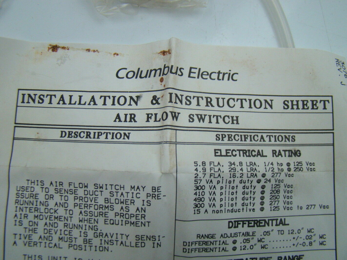 COLUMBUS ELECTRIC 60HZ AIR FLOW SWITCH RH3A eBay