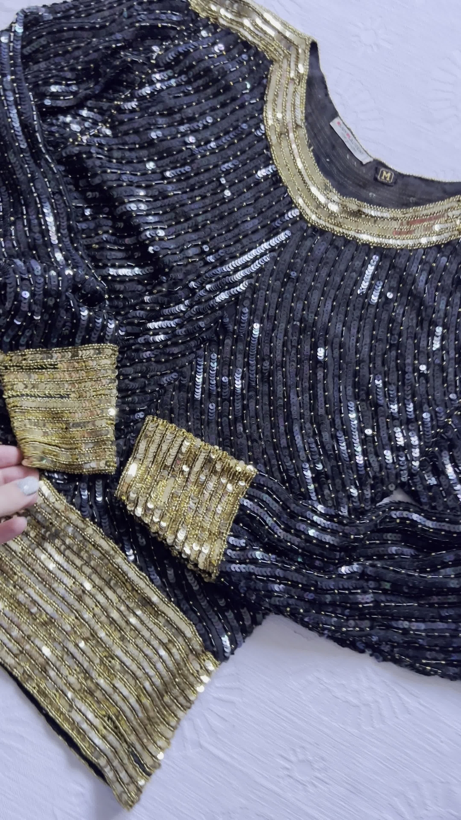Camicetta da sera Yves Saint Laurent anni 80 vintage oro + nero paillettes perline