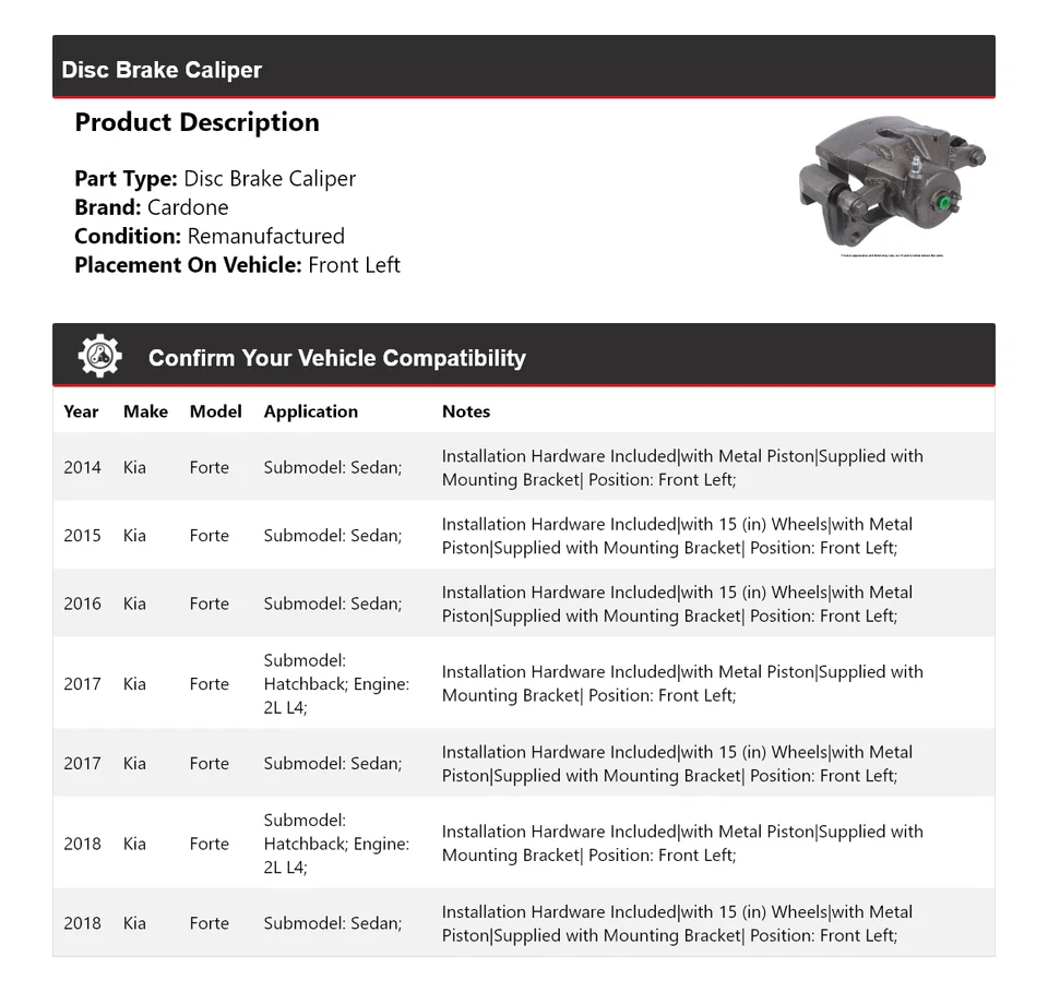 Pinça de freio a disco dianteira esquerda Cardone 2015 2016 2017 para 2014-2018 Kia Forte - Imagem 2 de 4