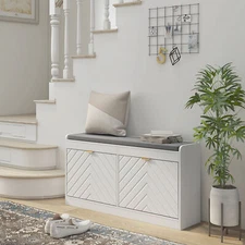 HOMCOM Shoe Bench with 2 Flip Drawers, Cushion, 8 Pairs for Entryway White