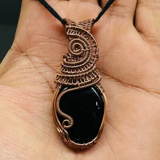 Natural Black Onyx Wire Wrapped Pendant Handcrafted Copper Ethnic Gift 2.08"